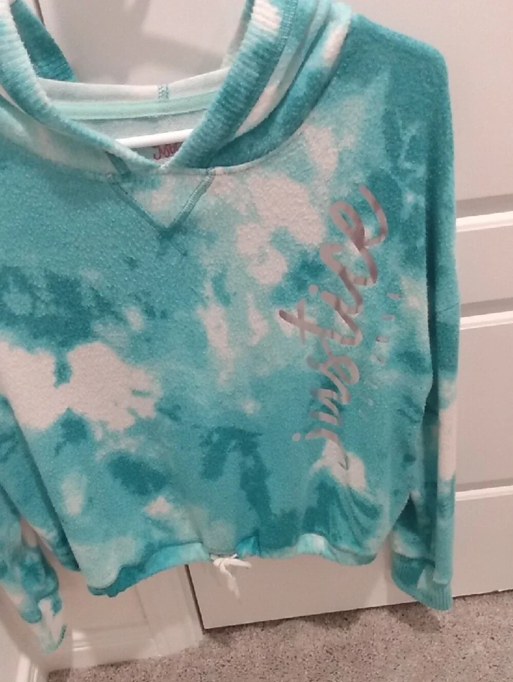 Justice Teal and White Tie-Dye Hoodie with Drawstring Hem